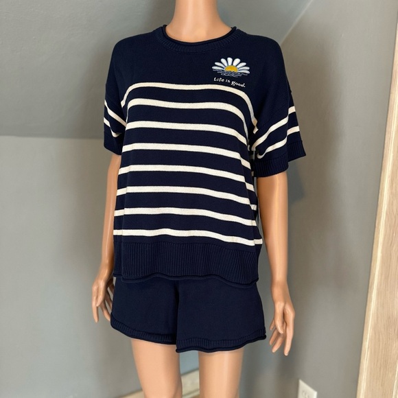 Life is Good Navy Striped Knit Lounge Set - Short Sleeve Top & Shorts, Size S - Picture 4 of 7